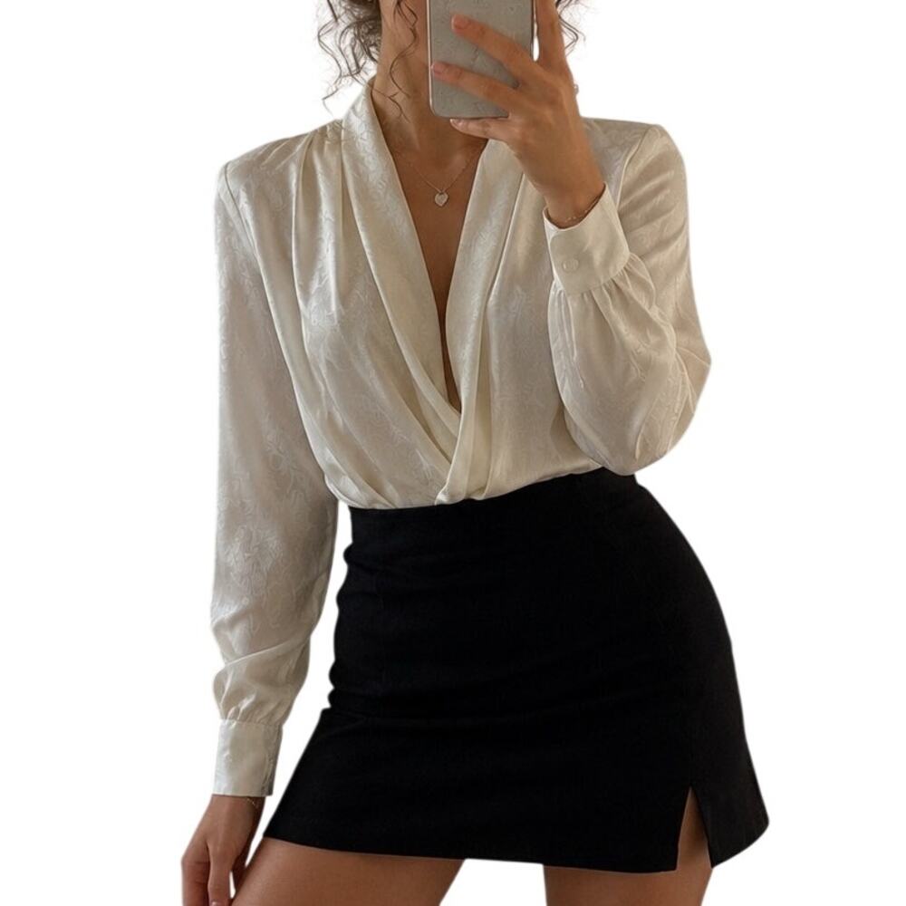 Vintage Ivory Satin Draped Ruffle Blouse Euro Parisian Chic Romantic Coquette